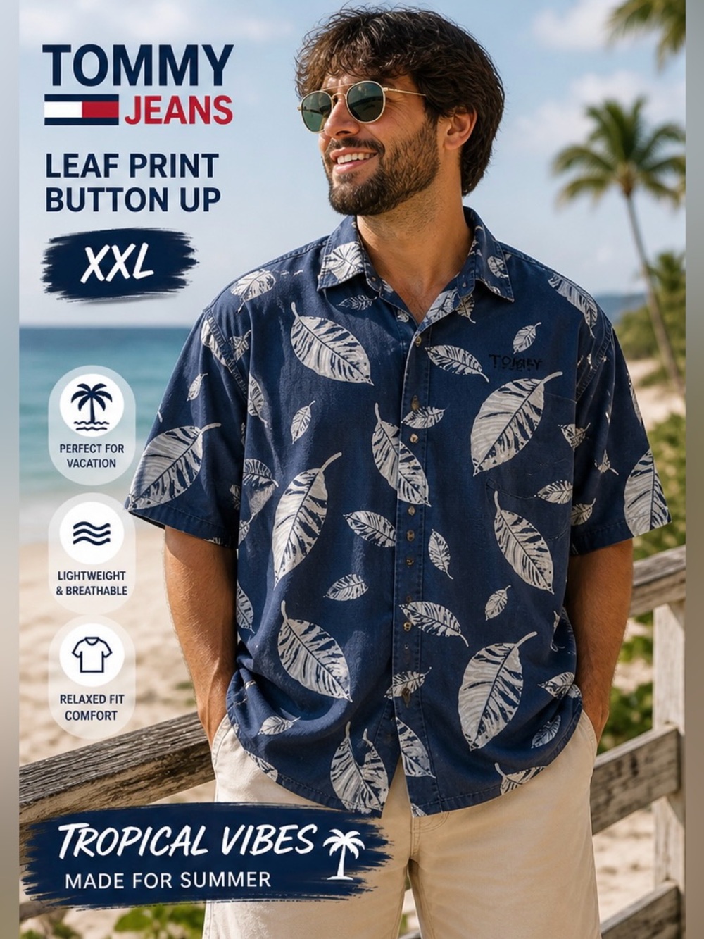 Tommy Jeans Button Up Shirt XXL Blue Leaf Print Short Sleeve Tropical Casual Men